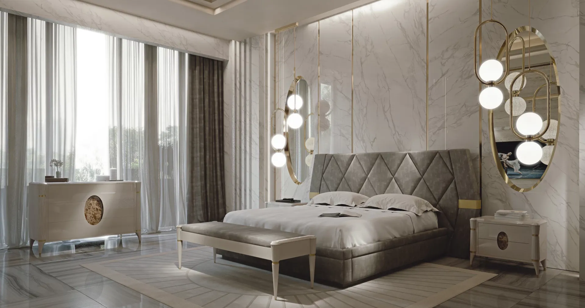 Camera Ellipse Francesco Pasi con letto beige a testata a rombi, panchetta e lampade a sfere