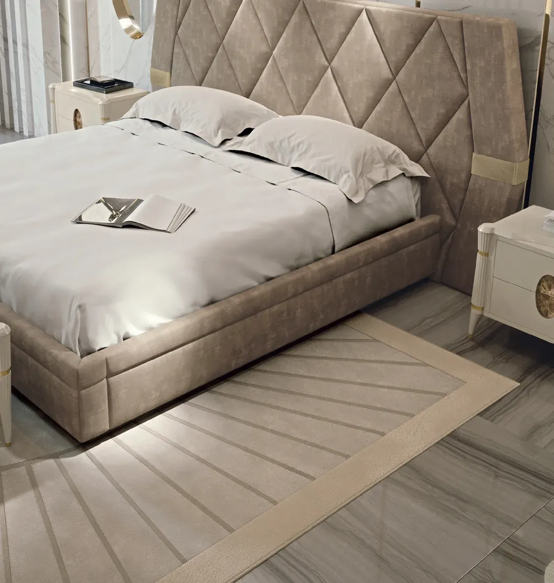 Letto Ellipse Francesco Pasi rivestito beige con trapuntatura a rombi, vista dall'alto