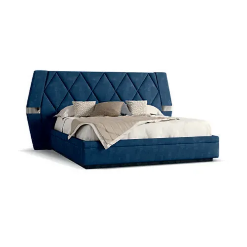 Letto Ellipse Francesco Pasi in tessuto blu con testata a rombi, fondo bianco