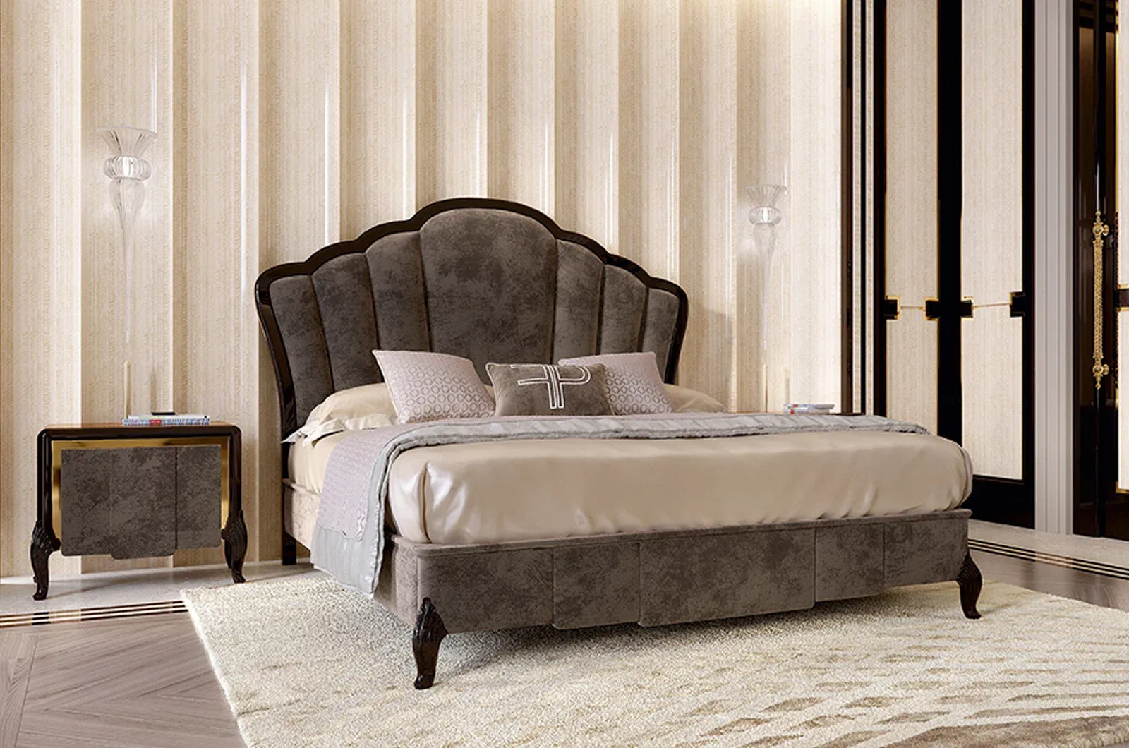 Camera con letto Ocean Francesco Pasi in econabuk grigio e comodino con cornice oro