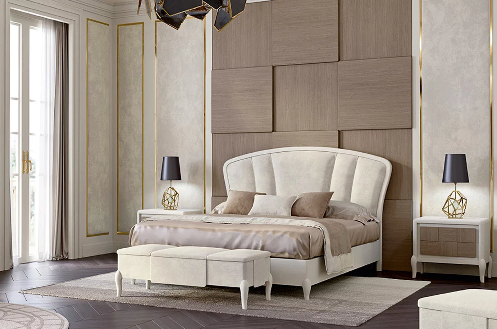 Letto Ocean Francesco Pasi con gambe lisce e comodino in rovere, vista frontale