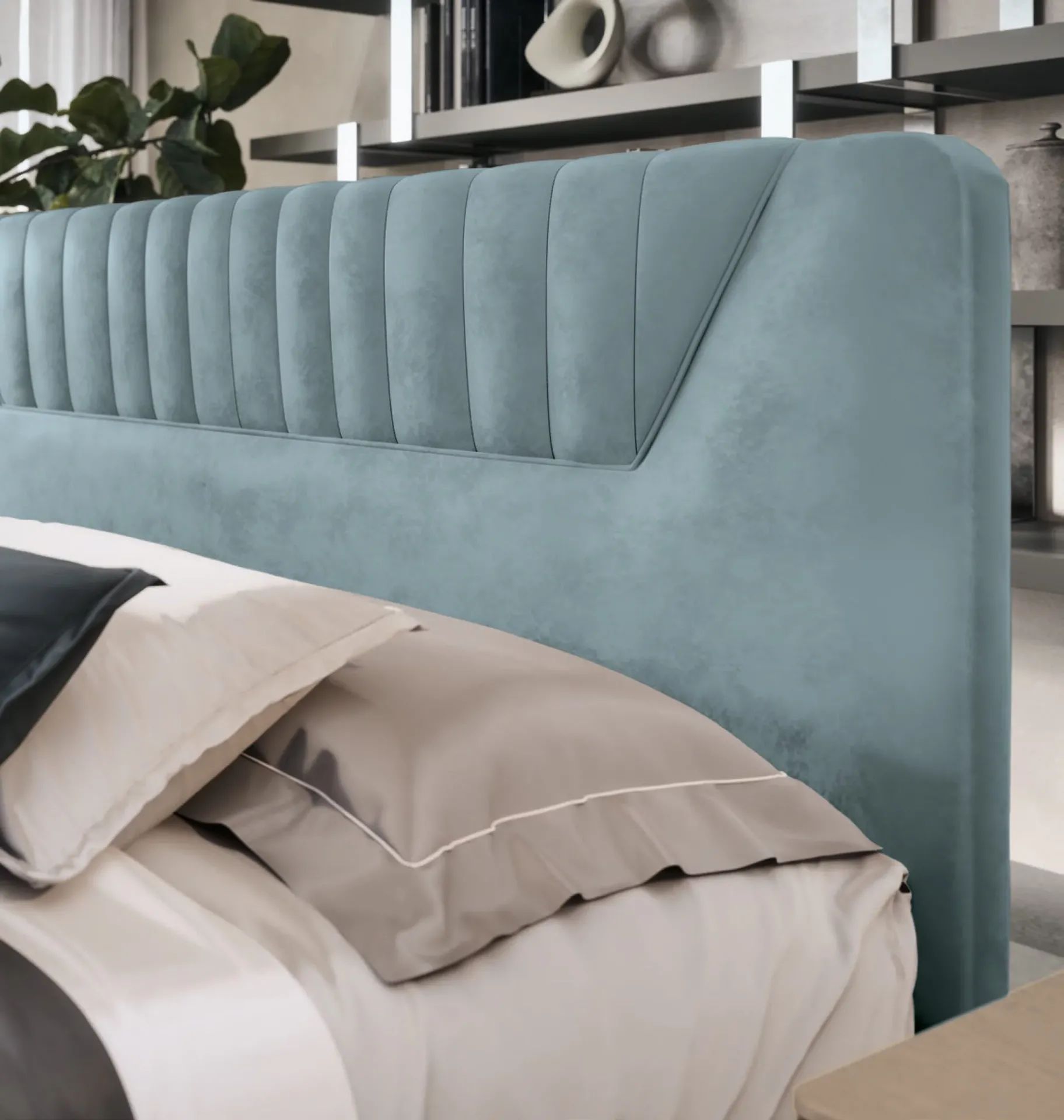 Dettaglio della testata modello C del letto Musa Francesco Pasi in velluto azzurro