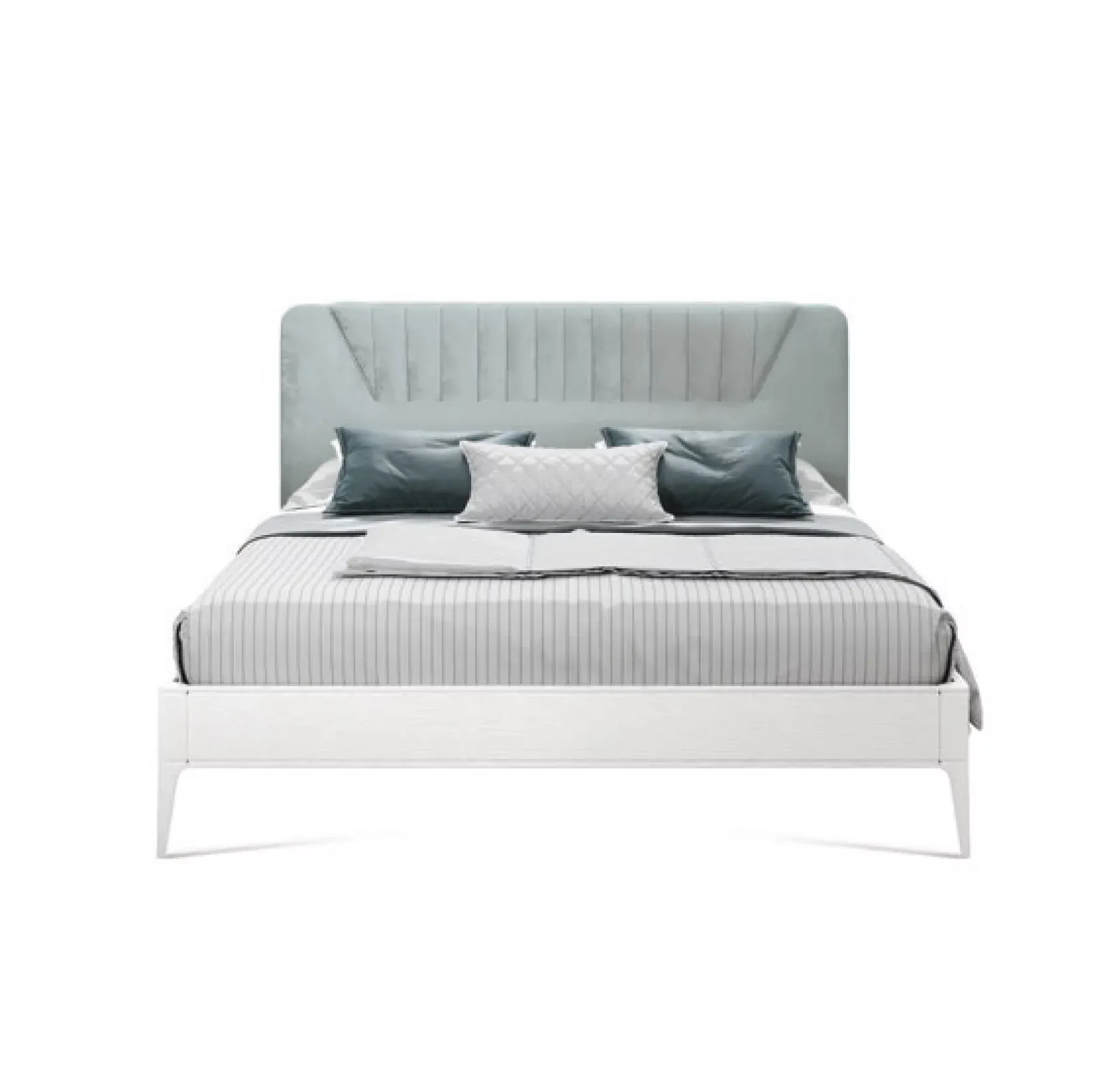 Letto con testata modello C Musa Francesco Pasi azzurro su struttura bianca, fondo bianco