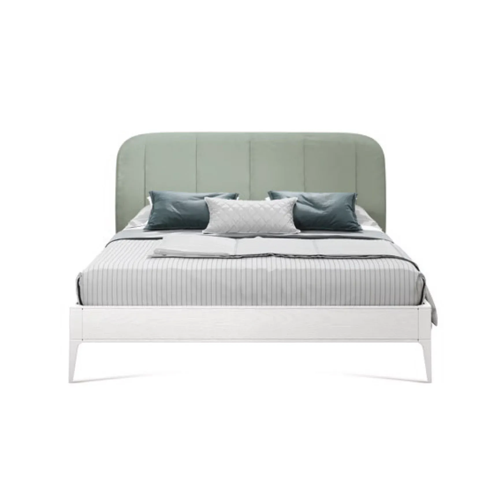 Letto con testata modello A Musa Francesco Pasi in velluto salvia, fondo bianco