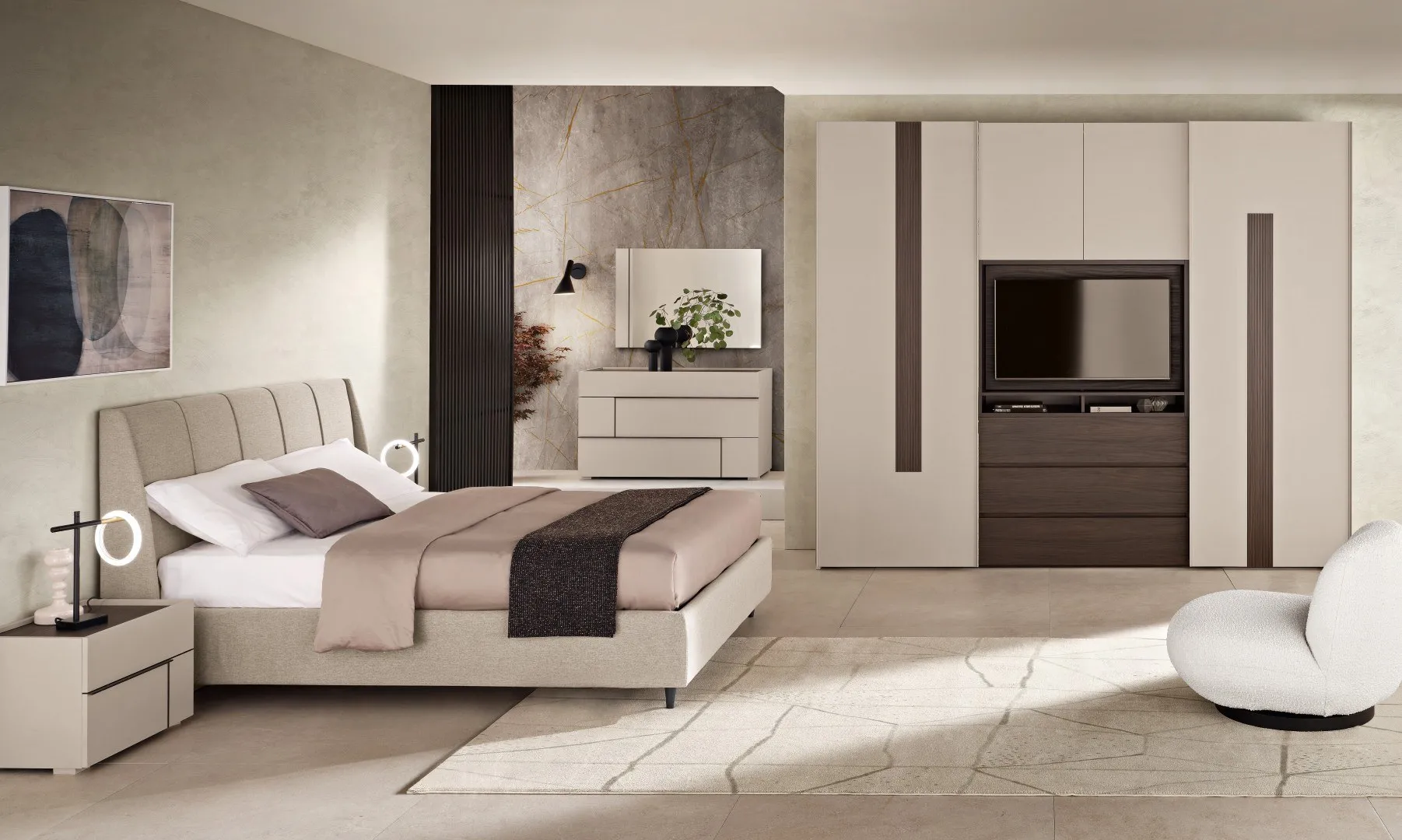 Camera da letto Abaco 203 Gierre con armadio scorrevole a fascia noce e letto Kristal