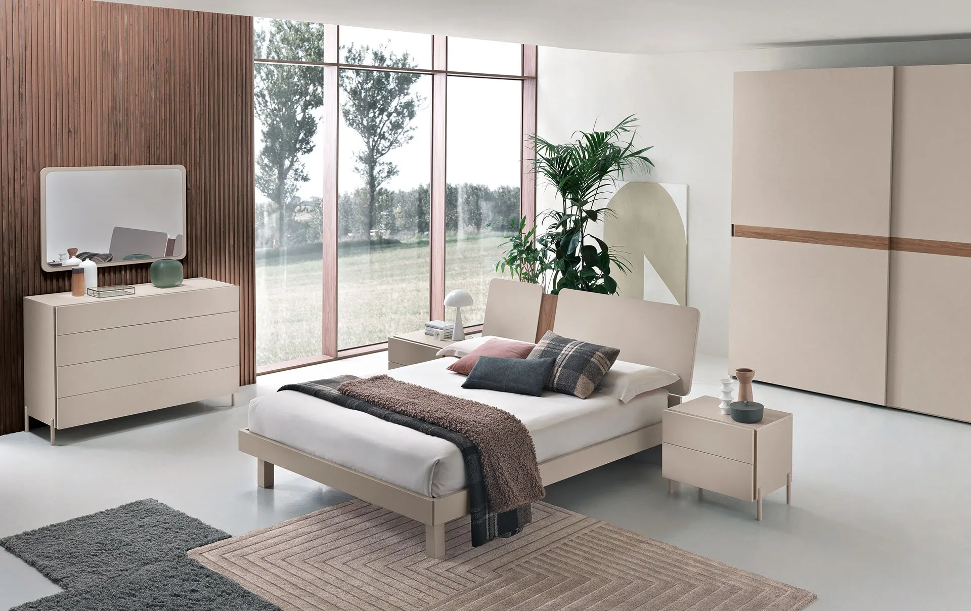 Camera da letto Abaco 165 Gierre con letto Iron e armadio scorrevole con fascia noce