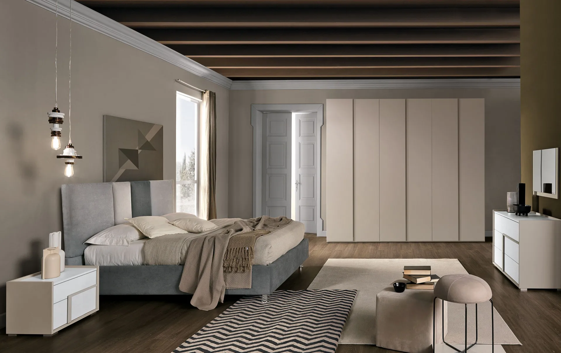 Camera da letto Abaco 108 Gierre con armadio a ante lisce e letto imbottito grigio