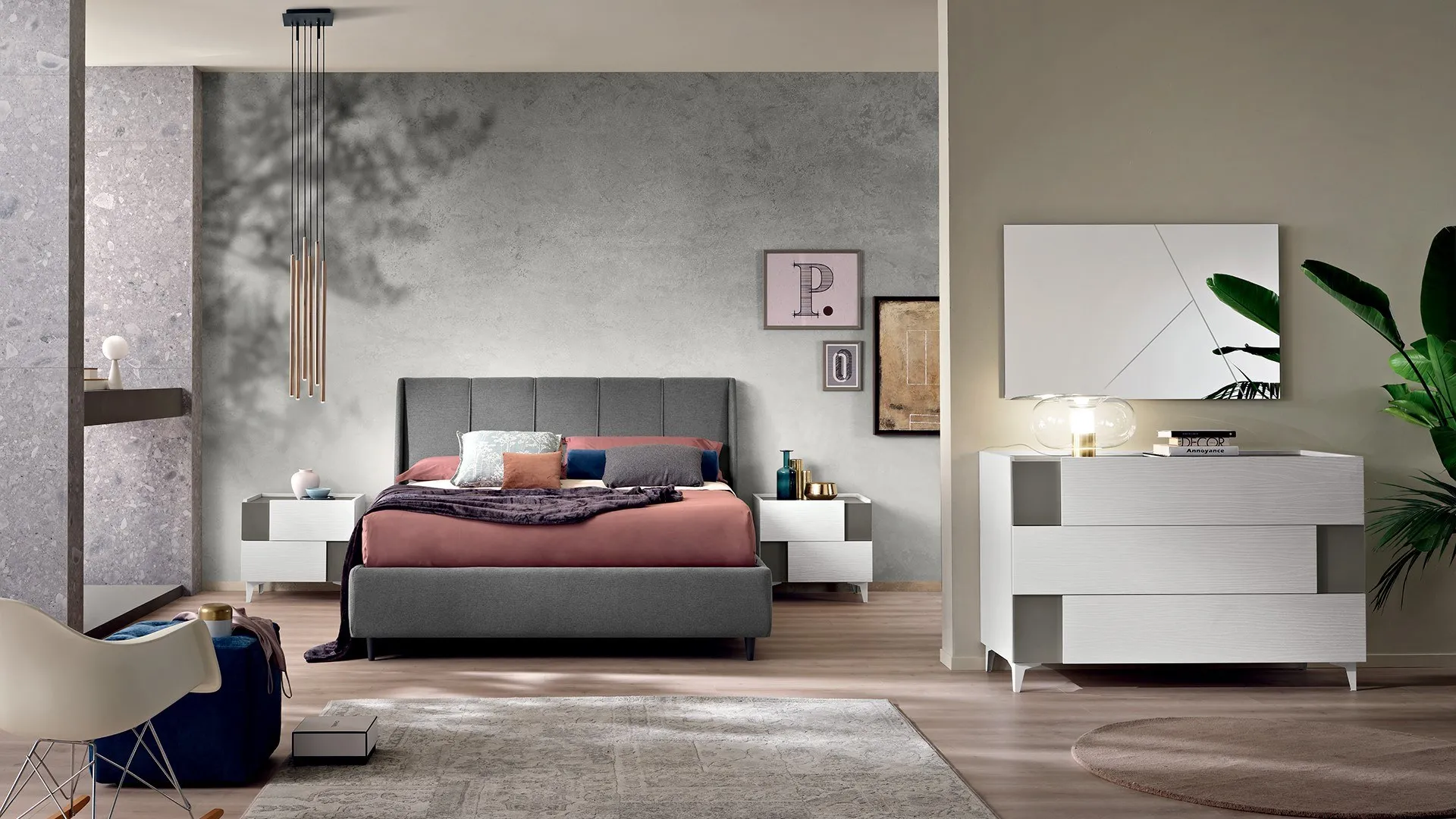 Camera da letto Abaco 199 Gierre con letto imbottito grigio Roller e comò bicolore