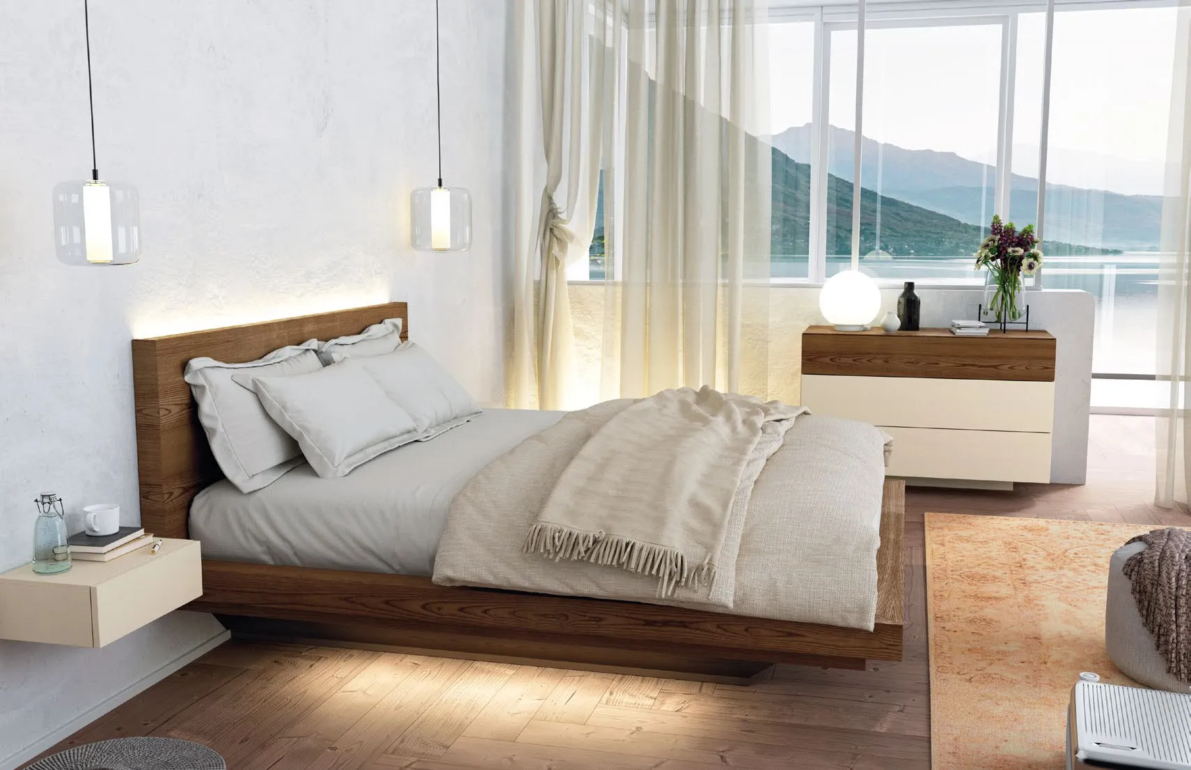 Letto Nova Fly Imba in frassino Tabacco con contenitore e luci led sotto il giroletto