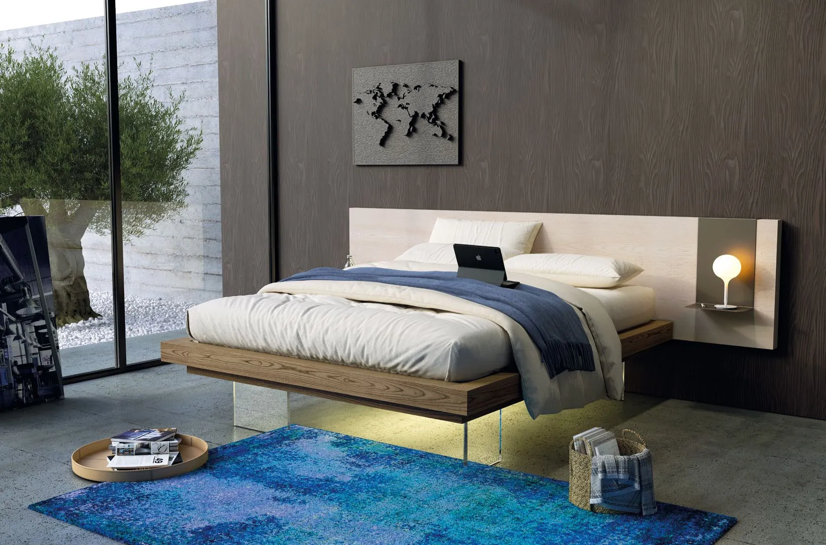 Letto Nova Fly Imba sospeso con testata lunga e comodini integrati in finitura Terra e Seta