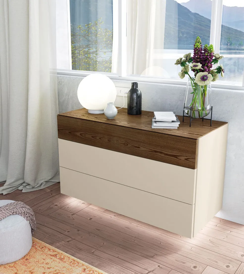 Comò Nova Fly Imba in frassino Tabacco e nobilitato Magnolia con luce led sotto i cassetti