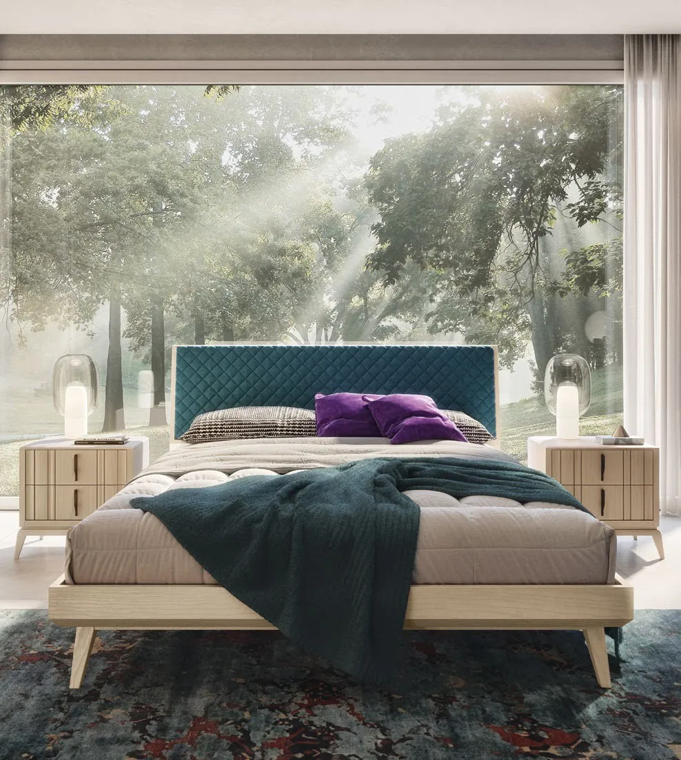 Letto Nova Linea Imba in frassino Seta con testata trapuntata verde petrolio