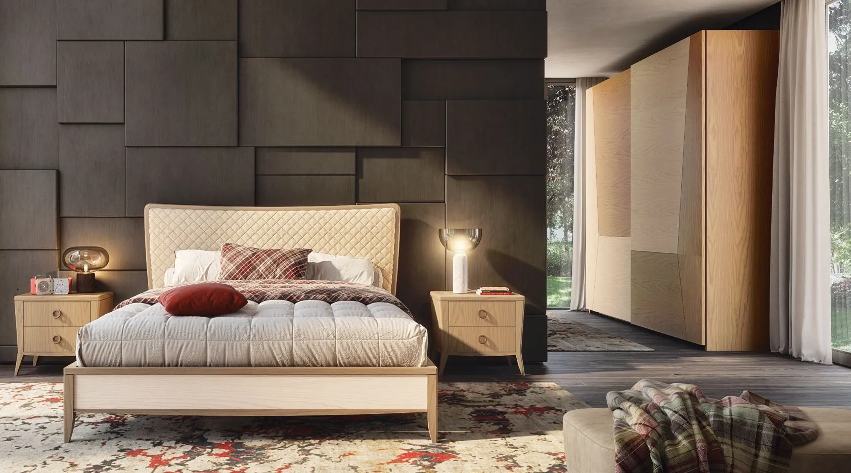 Letto Nova Comfort Imba in frassino Argilla e Seta con testata trapuntata chiara