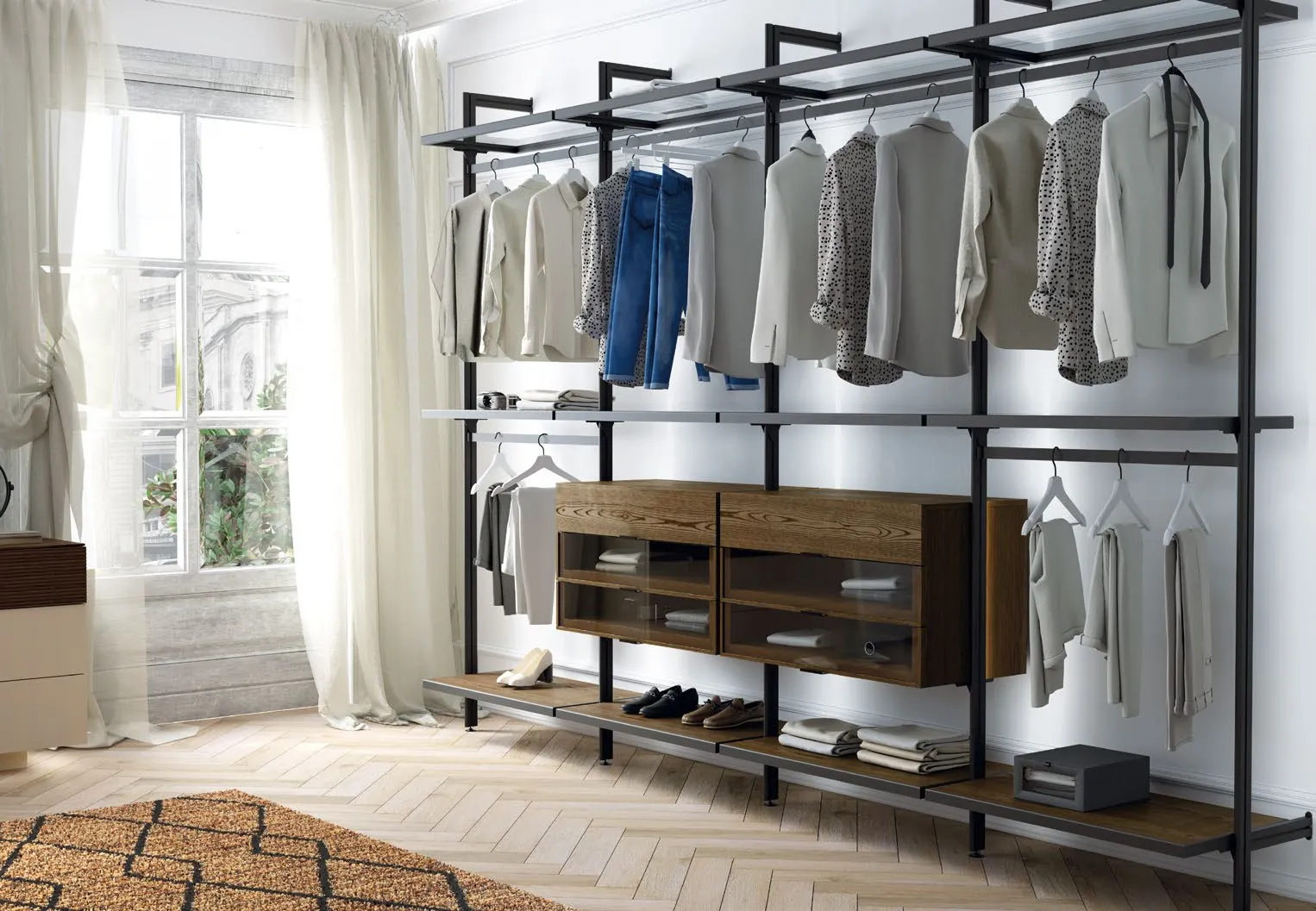 Cabina armadio Nova Dress 1 Imba in alluminio nero e frassino Tabacco con cassettiera