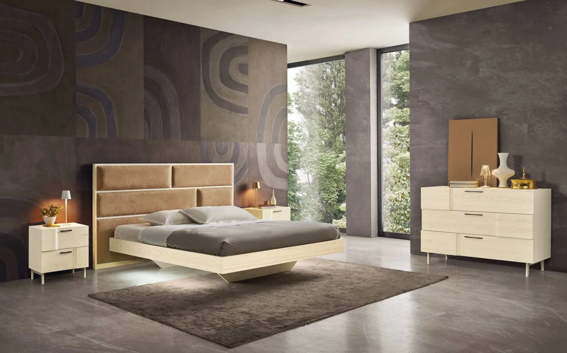 Letto Icon 2.4 Imba con testata a pannelli in legno e basamento sospeso