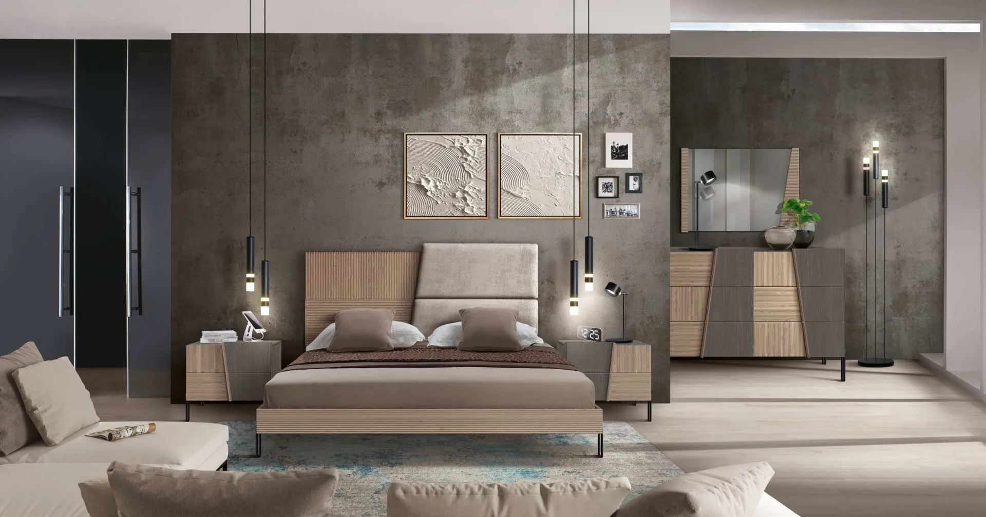 Letto Icon 2.4 Imba con testata imbottita chiara in una camera in tanganica