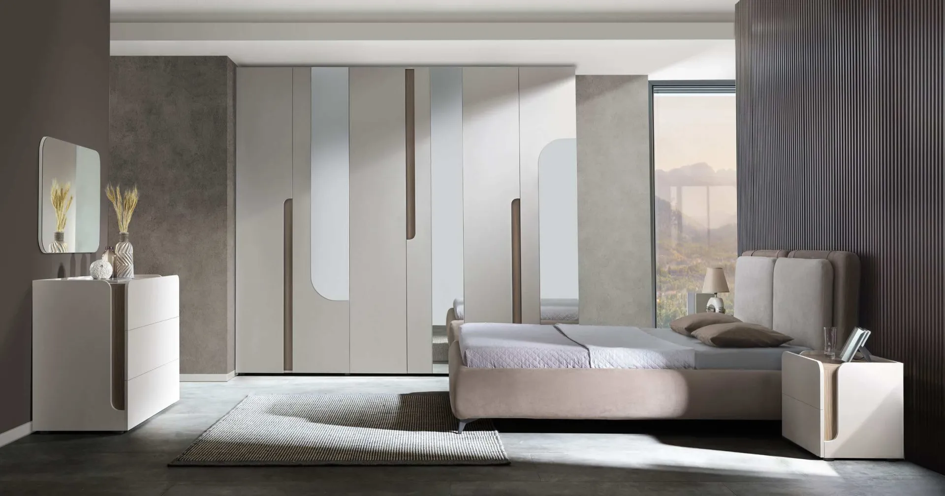 Camera da letto IC420 Icon 2.4 Imba con armadio a sei ante a specchio e letto imbottito