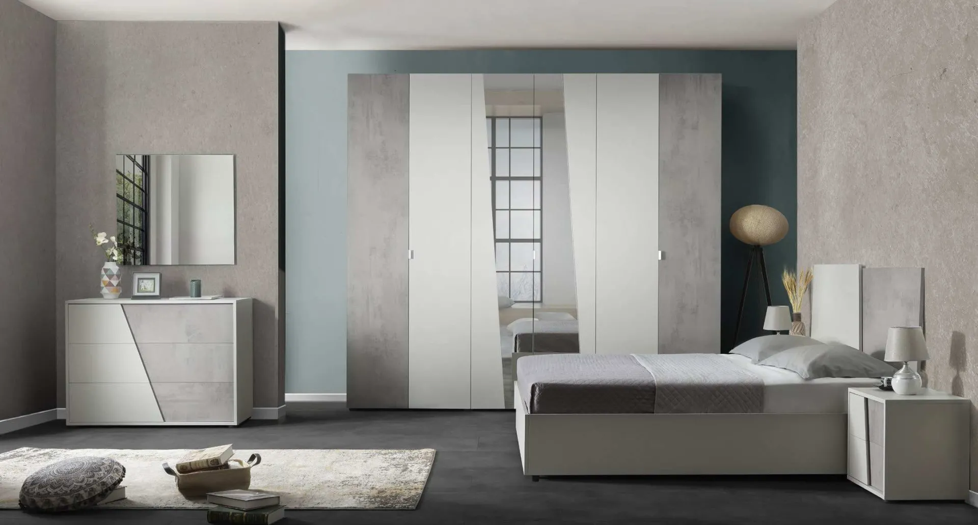 Camera IC429 Icon 2.4 Imba in ossido grigio con letto in legno e armadio a specchi