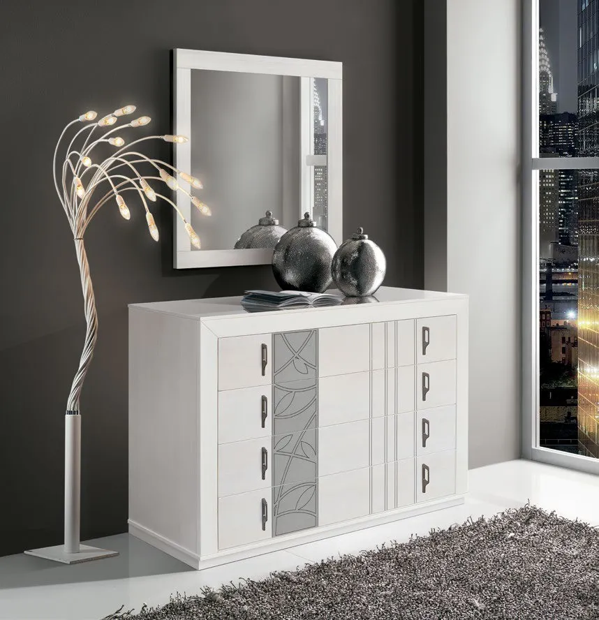 Comò con intaglio Icon 2.0 Imba bianco con fascia grigia lavorata e specchiera