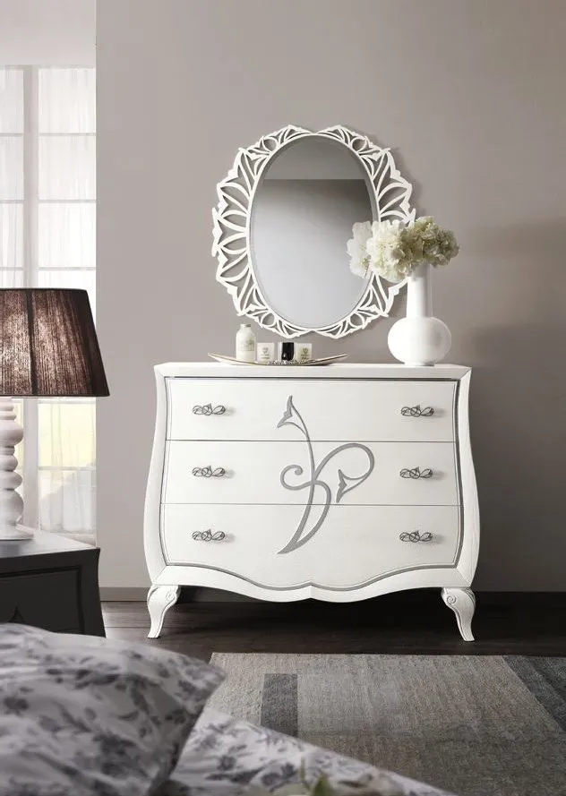 Comò sagomato Trend Style Imba bianco a tre cassetti con specchiera