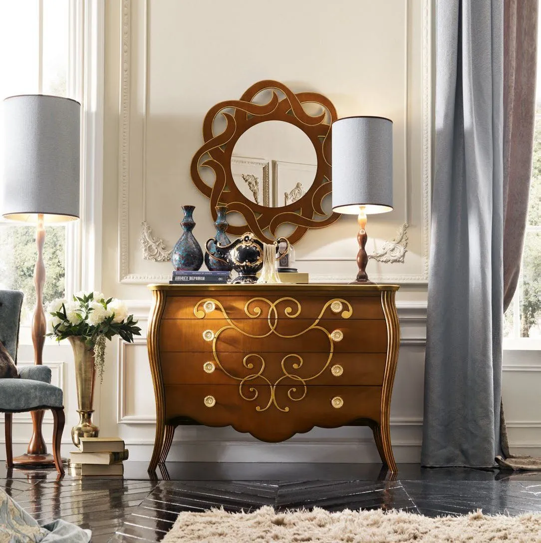 Comò con decoro Trend Style Imba in legno con specchiera rotonda