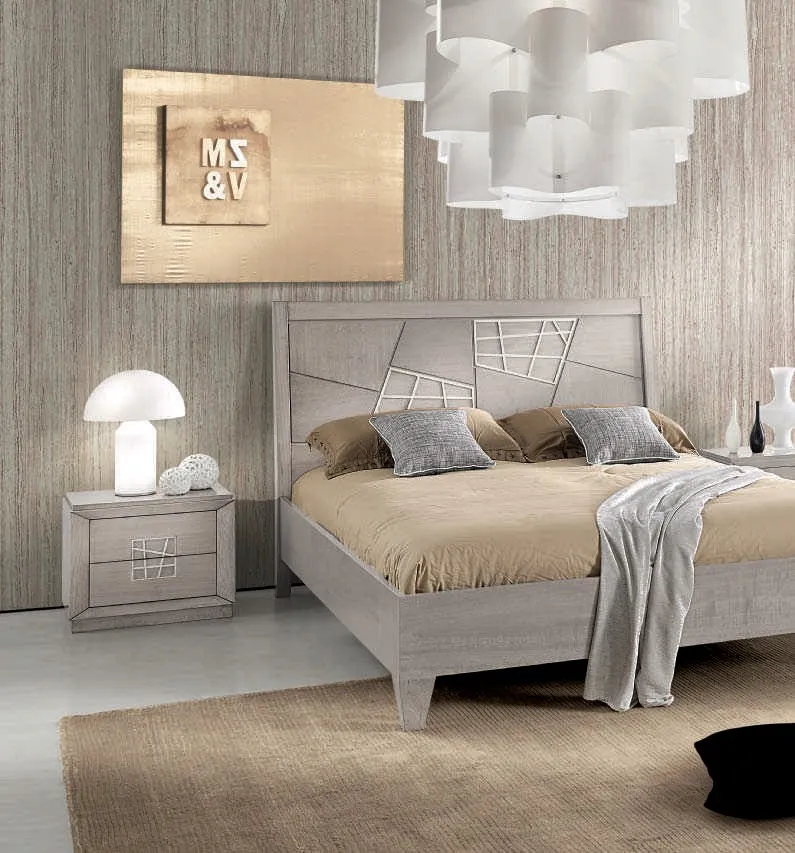 Letto House Project Imba con testata in legno grigio e decoro a linee