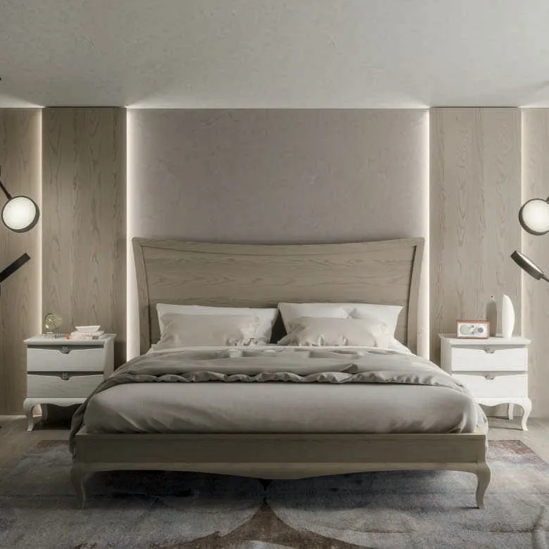 Letto House Project Imba con testata a pannello in una camera grigia