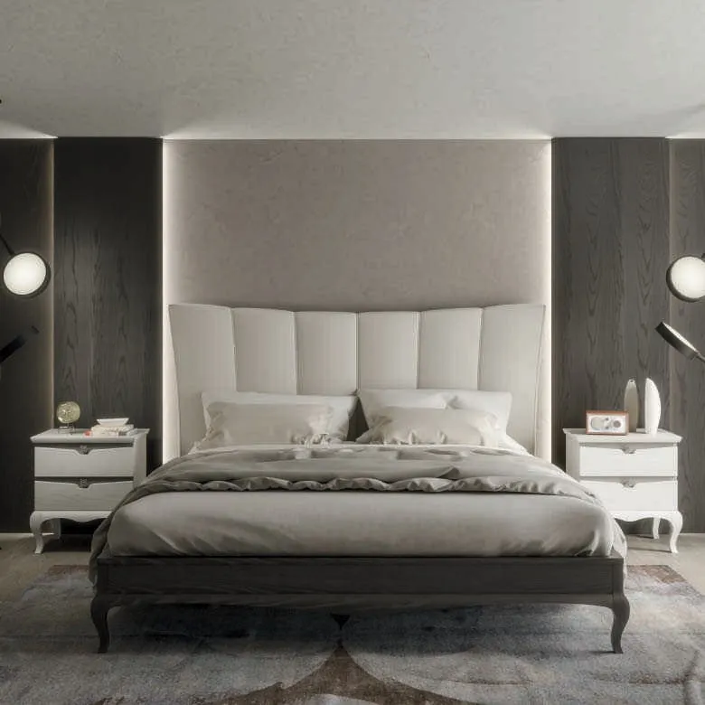 Letto House Project Imba con testata imbottita a fasce verticali