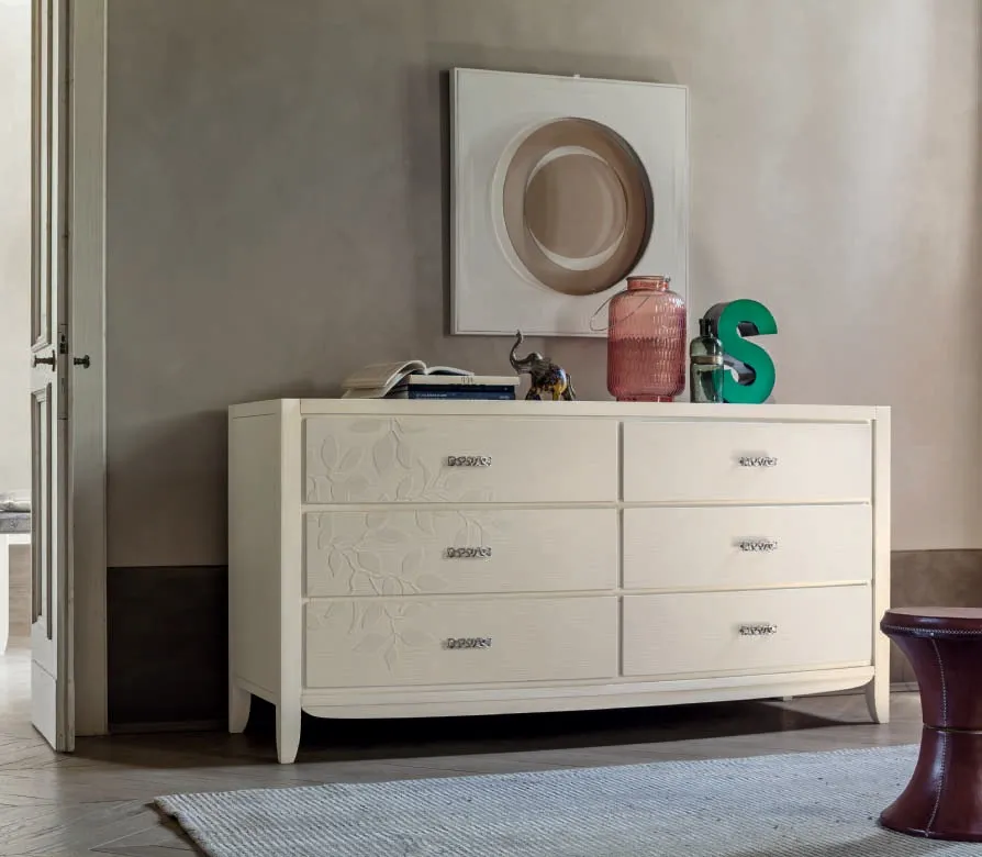 Comò basso House Project Imba a sei cassetti con decoro foglia