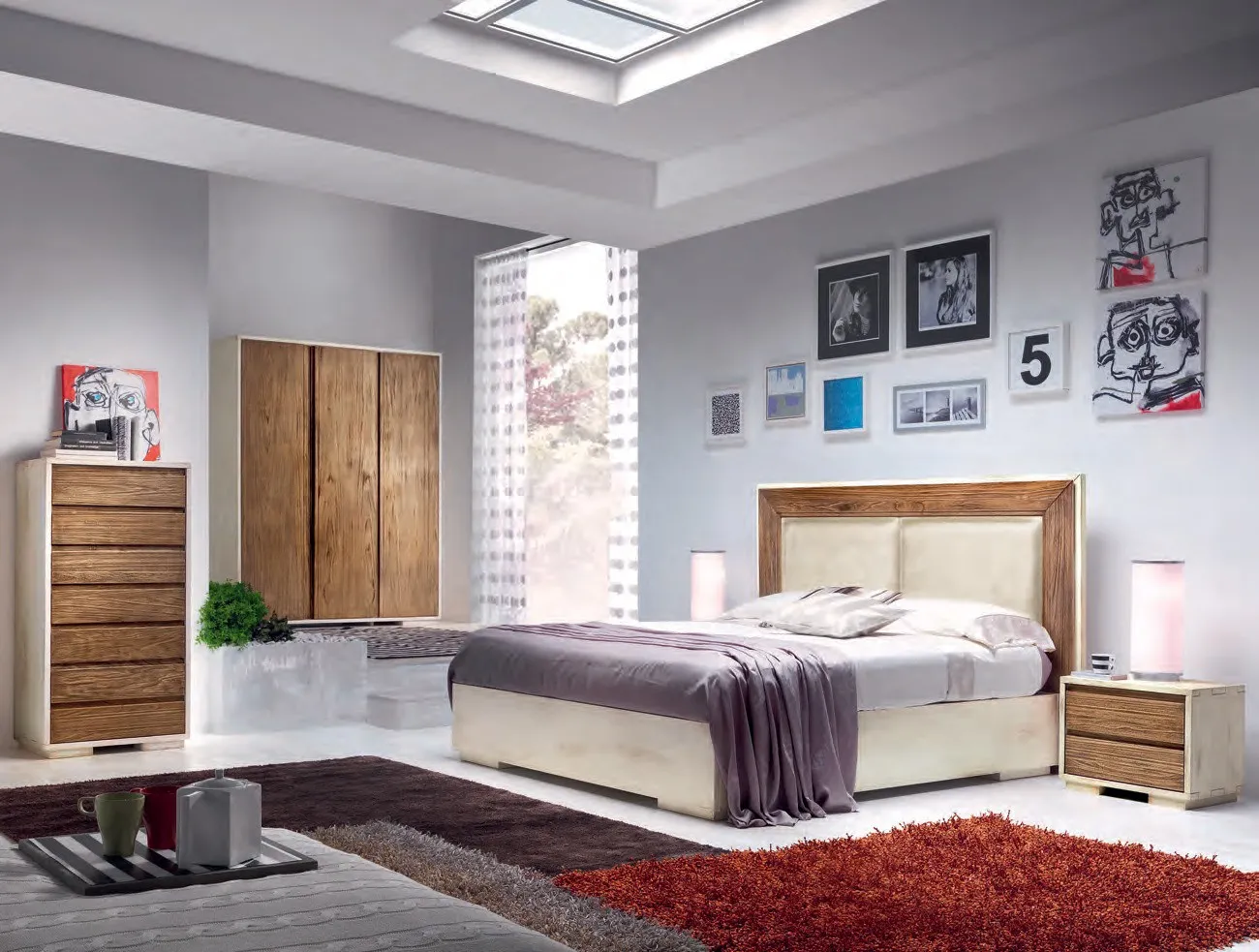 Letto Marte Imba con testata imbottita chiara e cornice in legno scuro