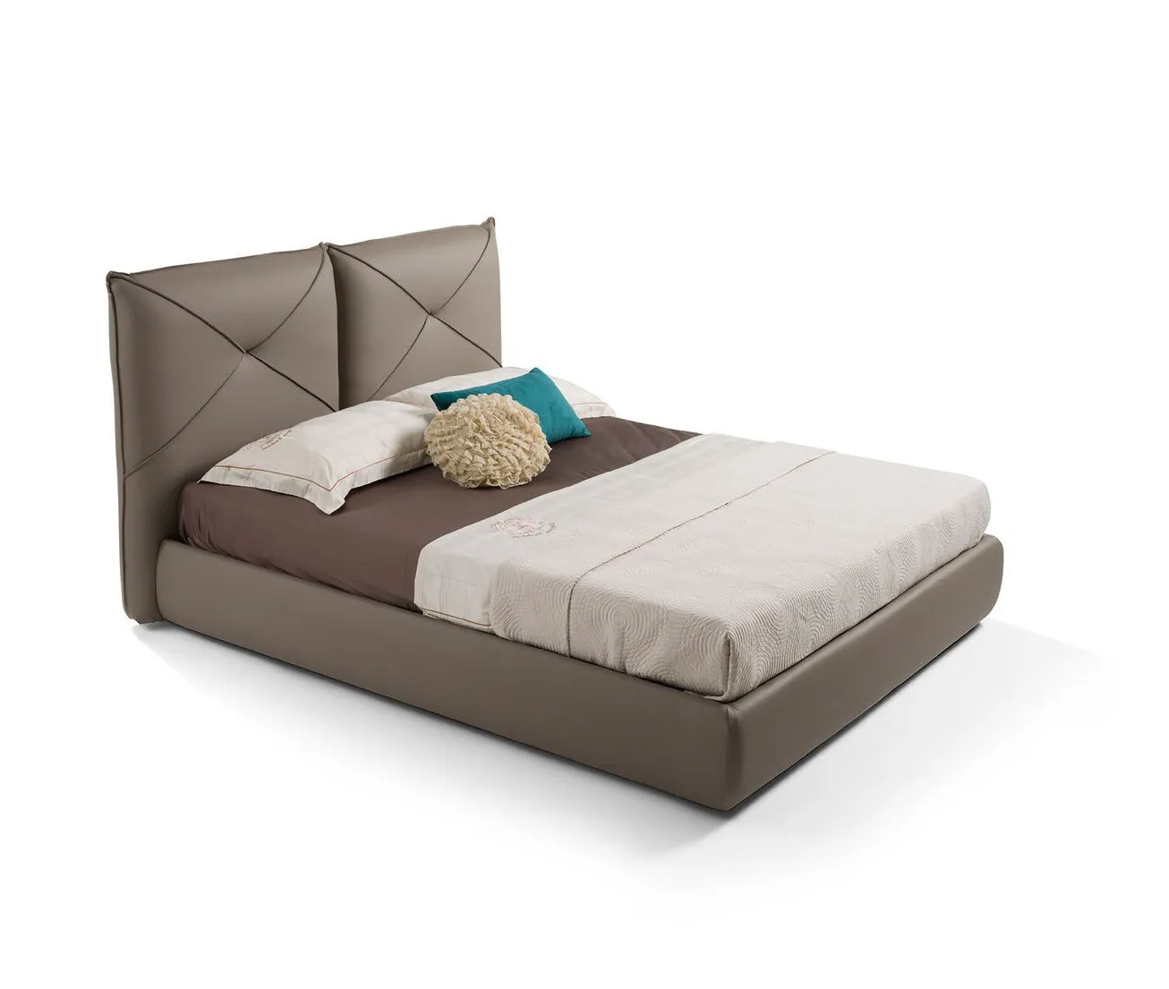 Letto imbottito Armonia Imba in ecopelle tortora su fondo bianco