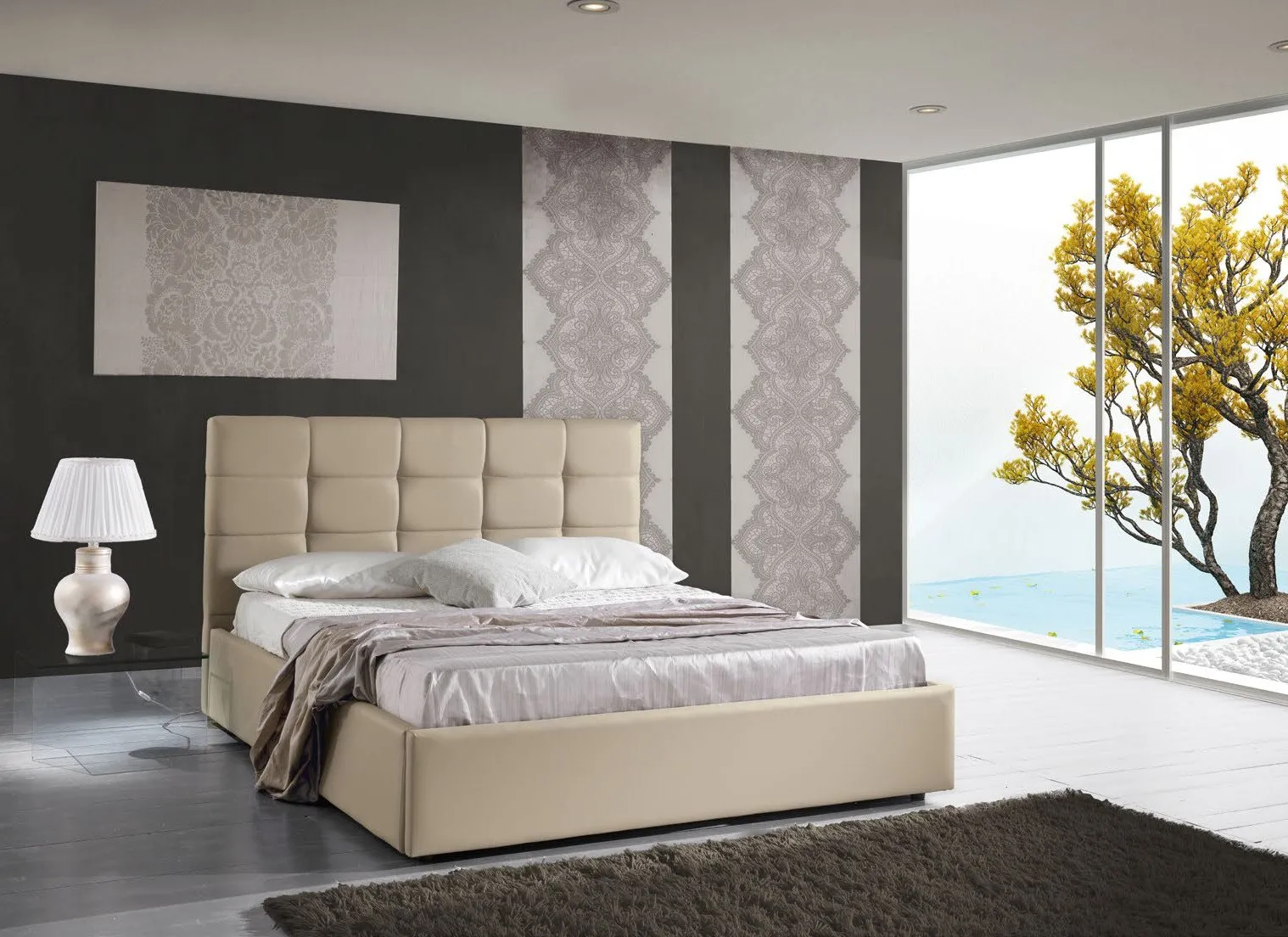 Letto imbottito Prima Imba in ecopelle crema in una camera con vetrata