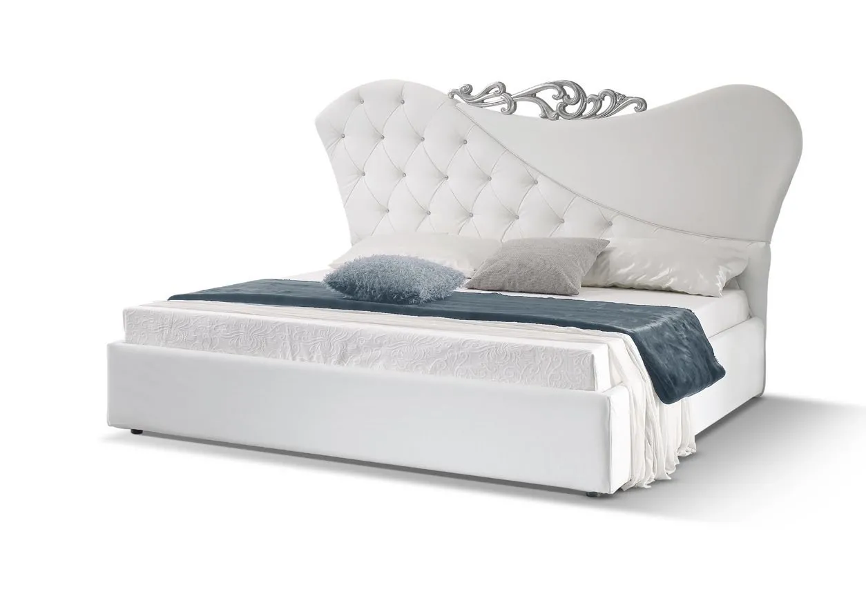 Letto imbottito Radisson Imba in ecopelle bianca con cimasa argento