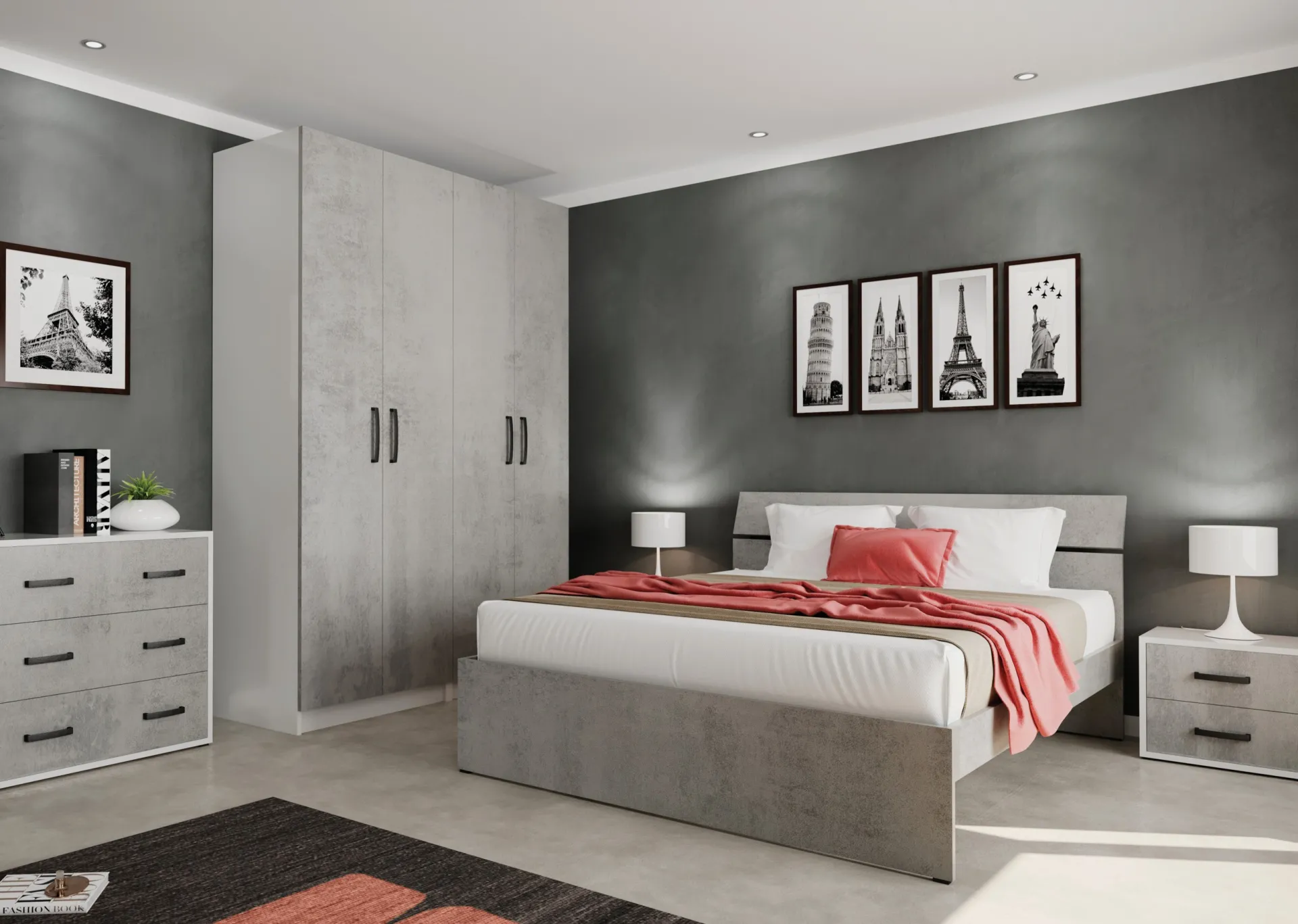 Armadio Style Project Imba grigio cemento accanto al letto con piede rivestito