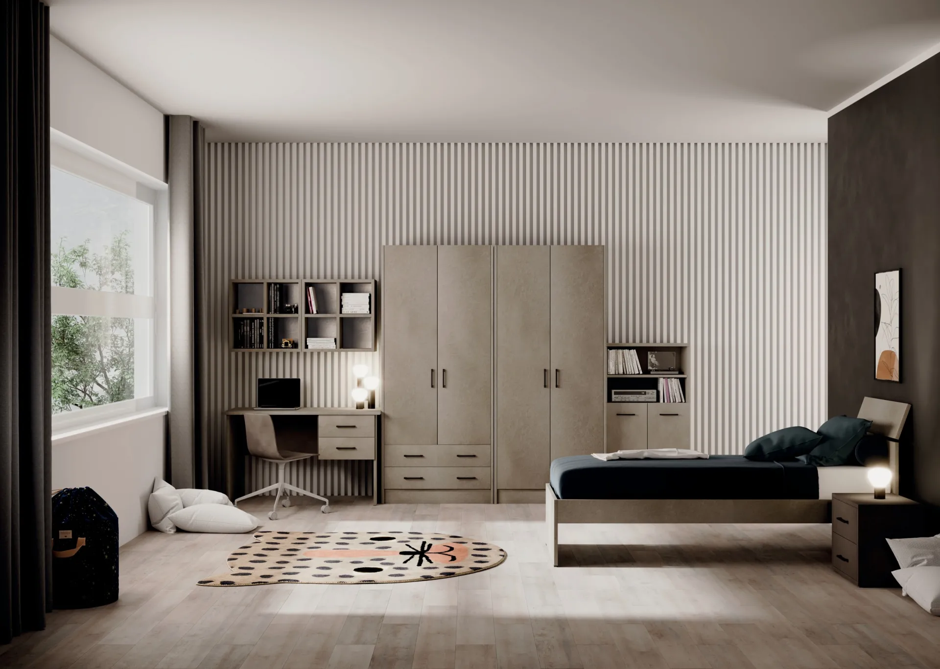 Armadio battente Style Project Imba H 210 color tortora in camera con scrivania