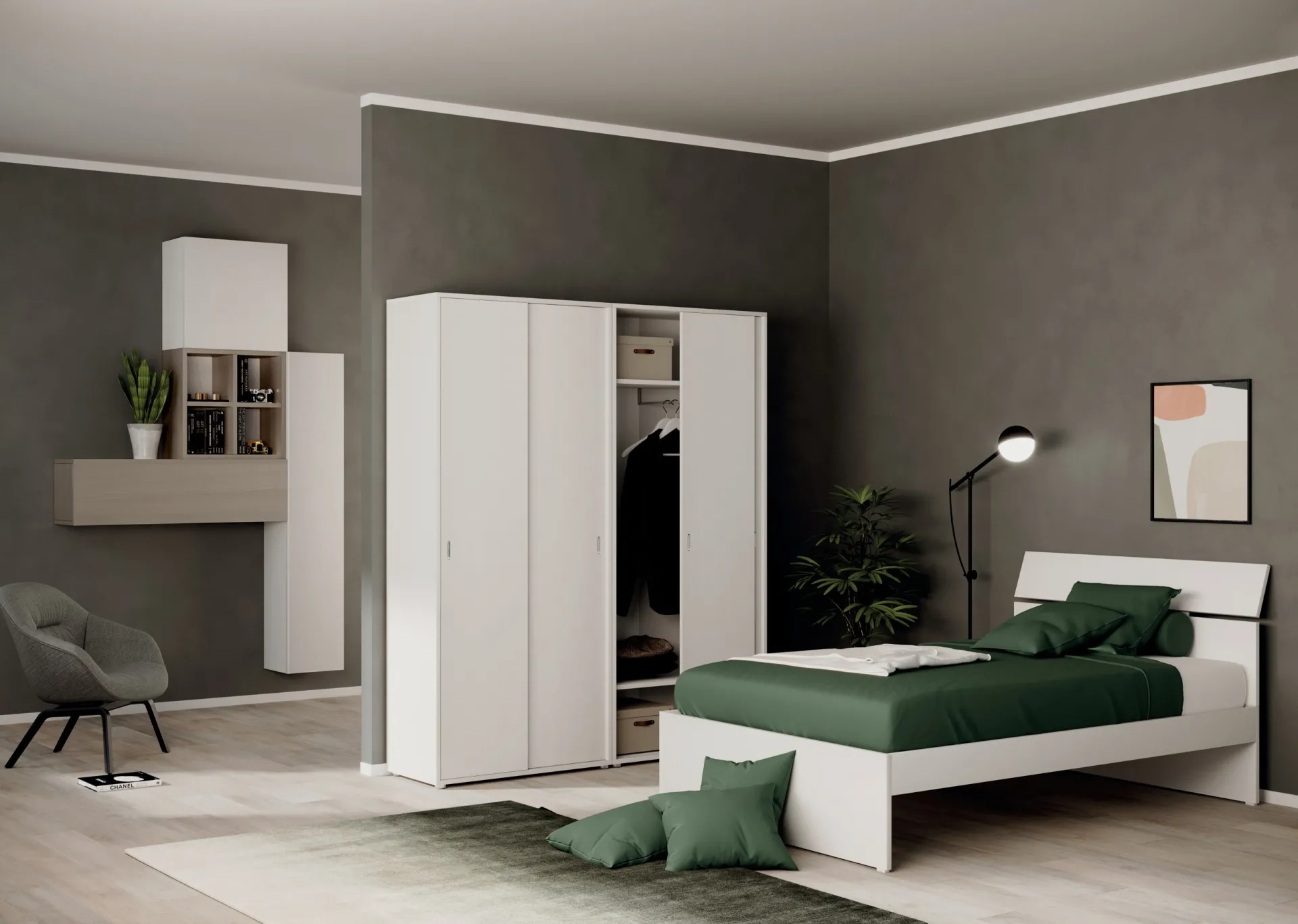 Armadio scorrevole Style Project Imba H 212 bianco in camera con letto verde