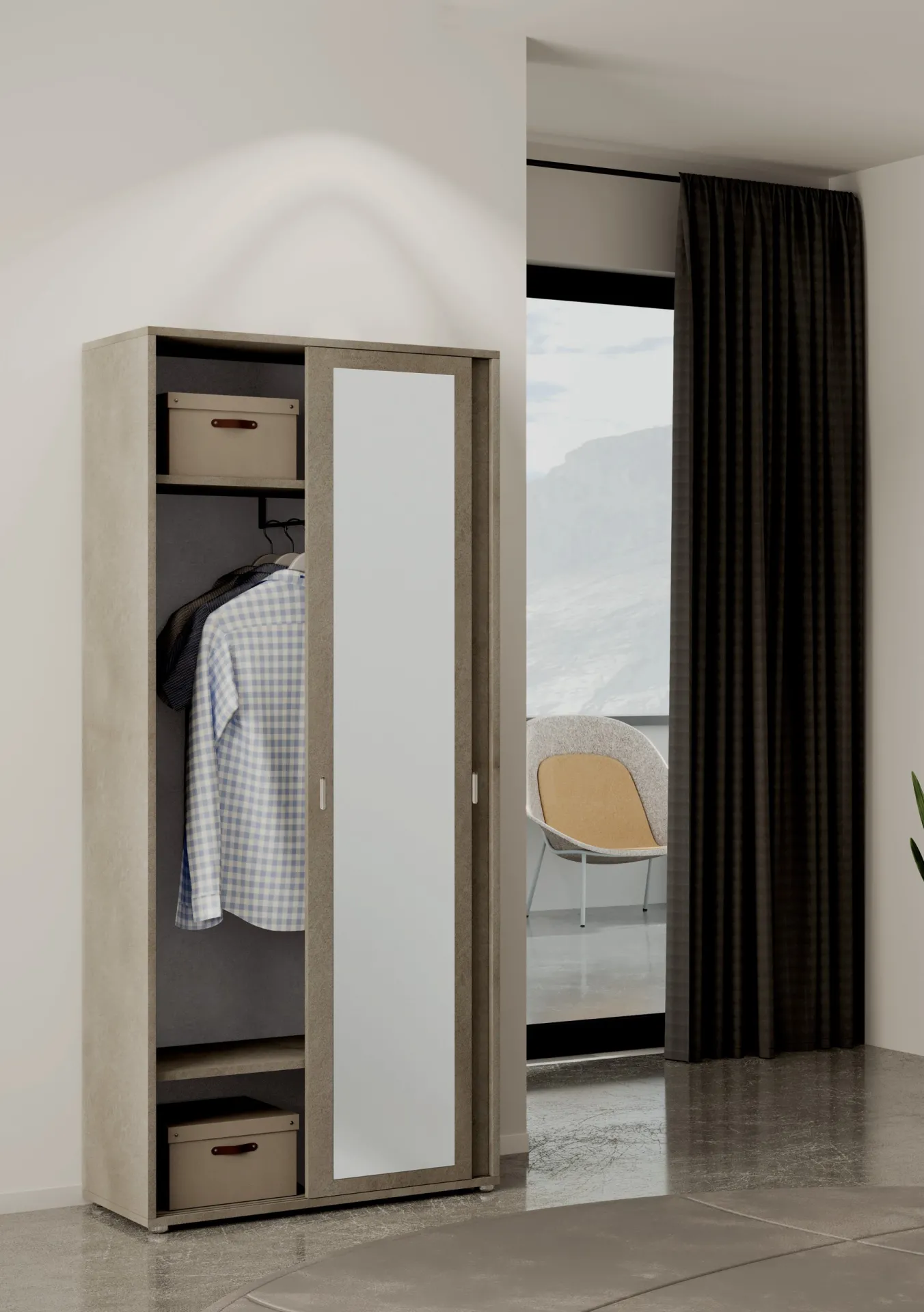 Modulo armadio Style Project Imba con anta a specchio aperta e appendiabiti