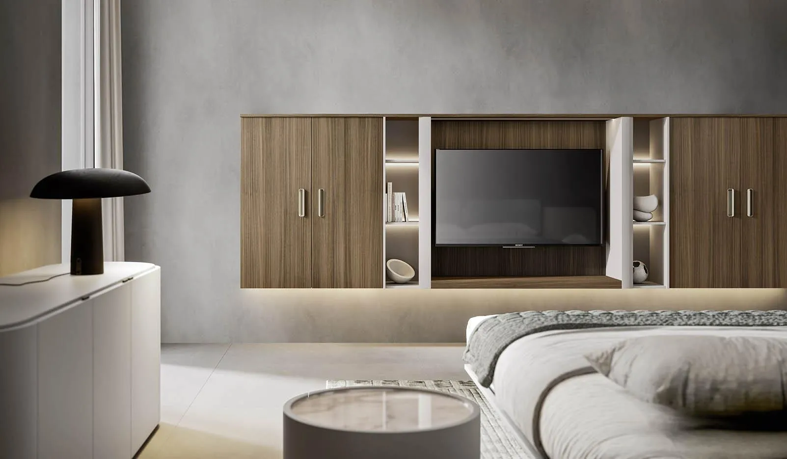 Parete con pensili in legno e TV della camera Night System 03 MobilGam