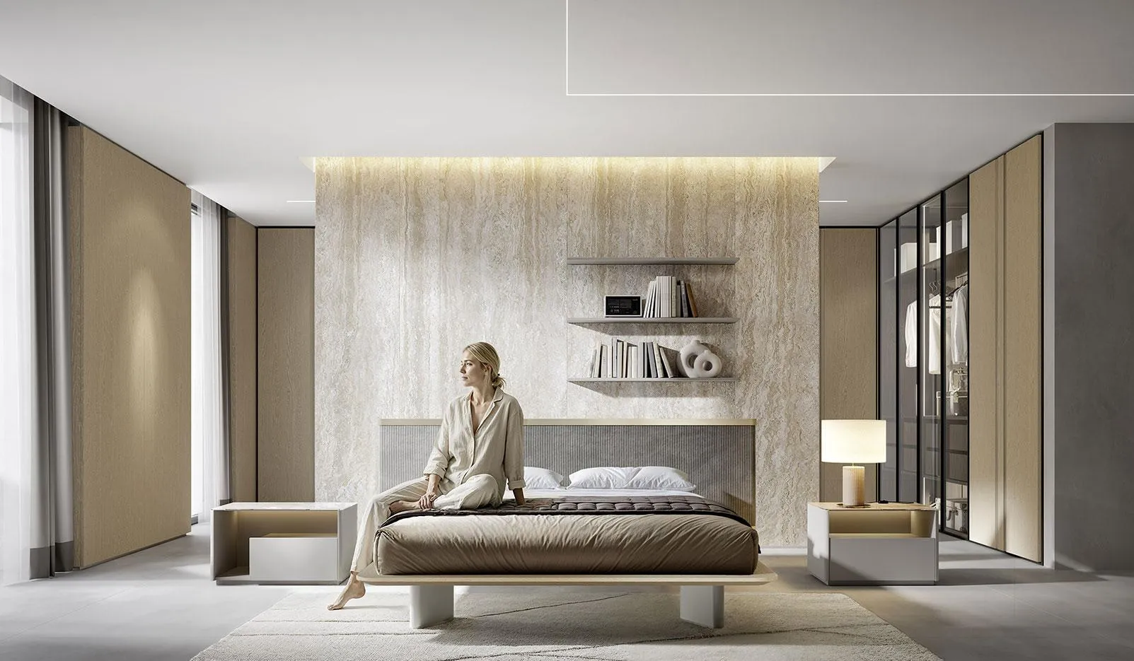 Camera con letto Obice MobilGam davanti a boiserie effetto travertino