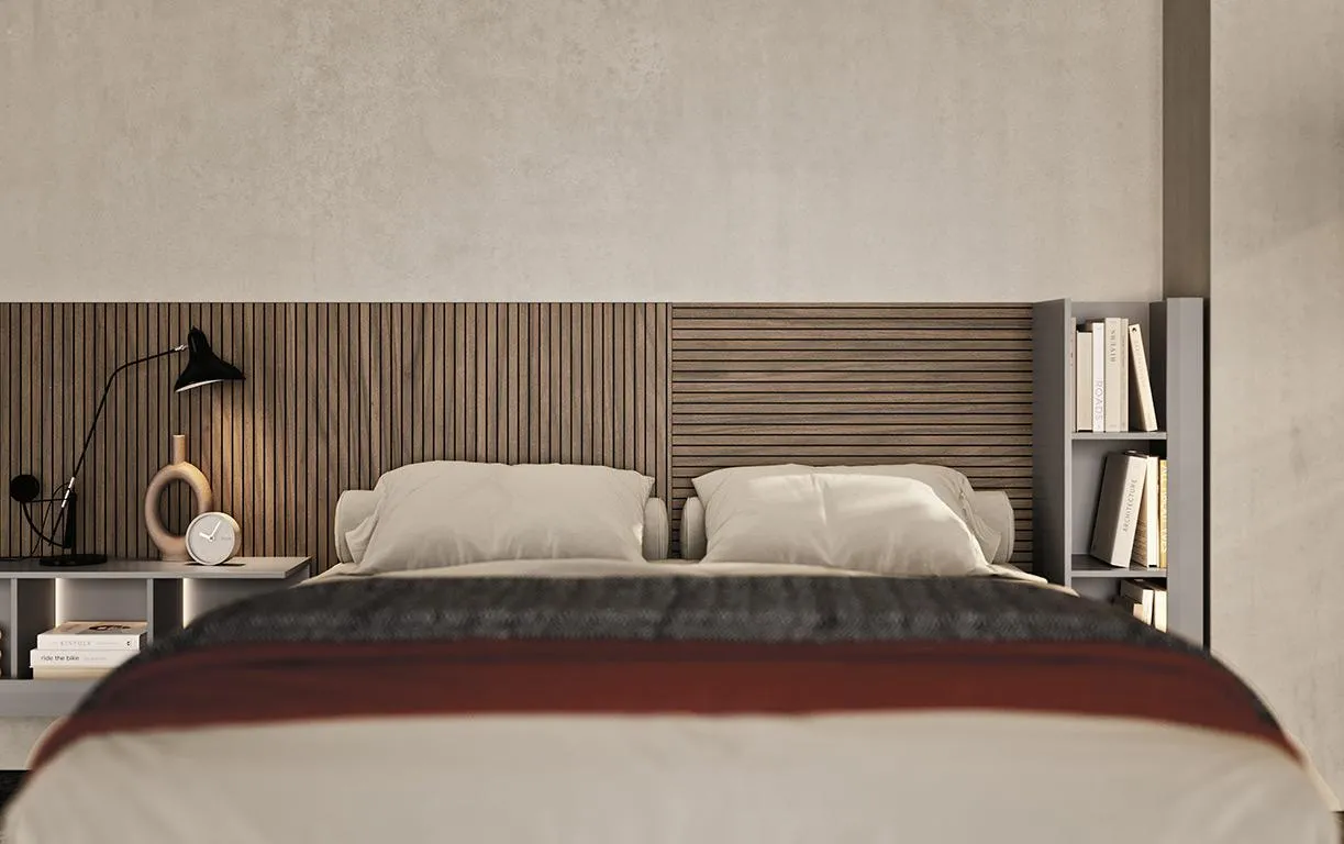 Letto N02 MobilGam con piani comodino nella boiserie