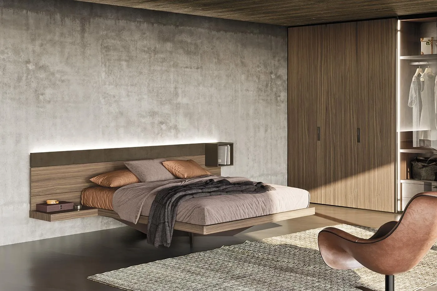 Letto Wall System N06 MobilGam con pannello in legno illuminato