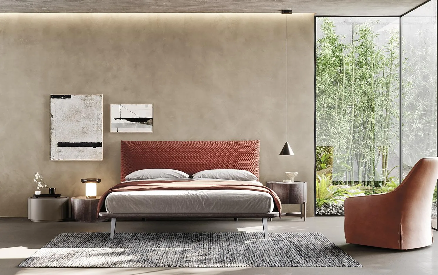 Letto con testiera imbottita MobilGam color terracotta