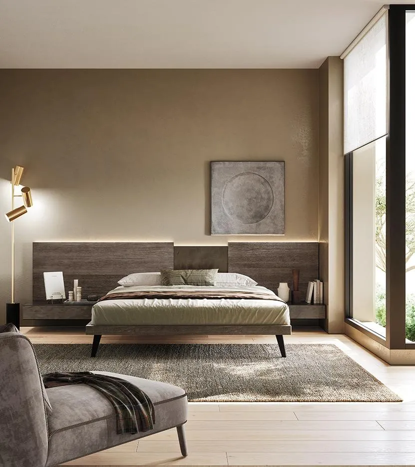 Letto Wall System MobilGam con pannello scuro e piedini metallici