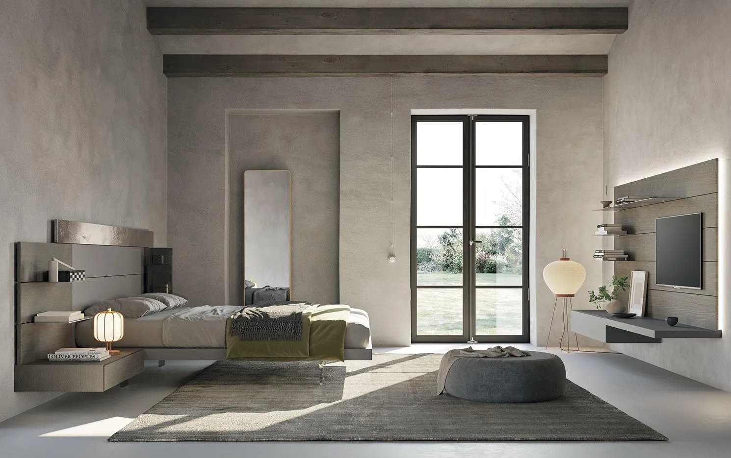 Camera con letto Wall System Dreaming 04 MobilGam e boiserie grigia