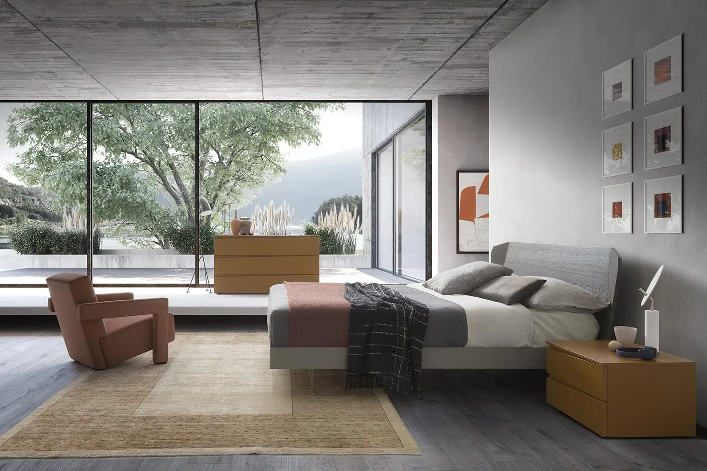 Camera con letto Quadra MobilGam e vetrata