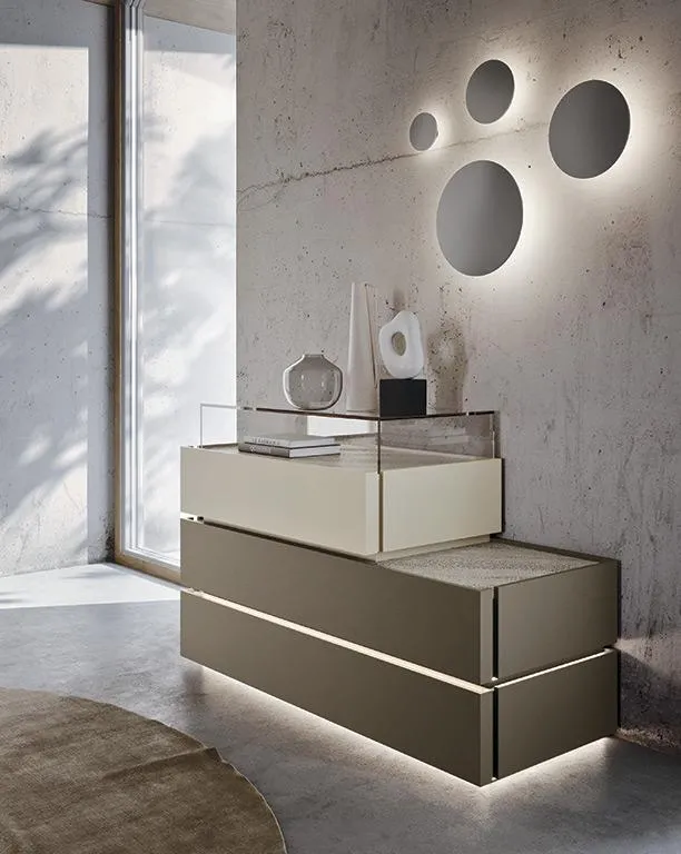 Comò Cubo MobilGam con luce sotto e specchi tondi