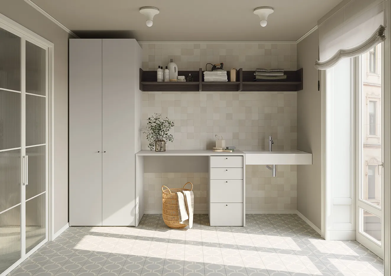 Lavanderia Golf Utility Space Colombini bianca con piano, lavatoio, cassettiera e mensole a parete
