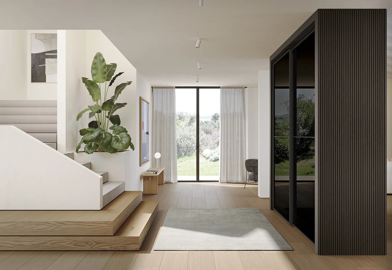 Armadio Golf Utility Space Colombini con ante scorrevoli in vetro fumé in una zona di passaggio accanto alla scala