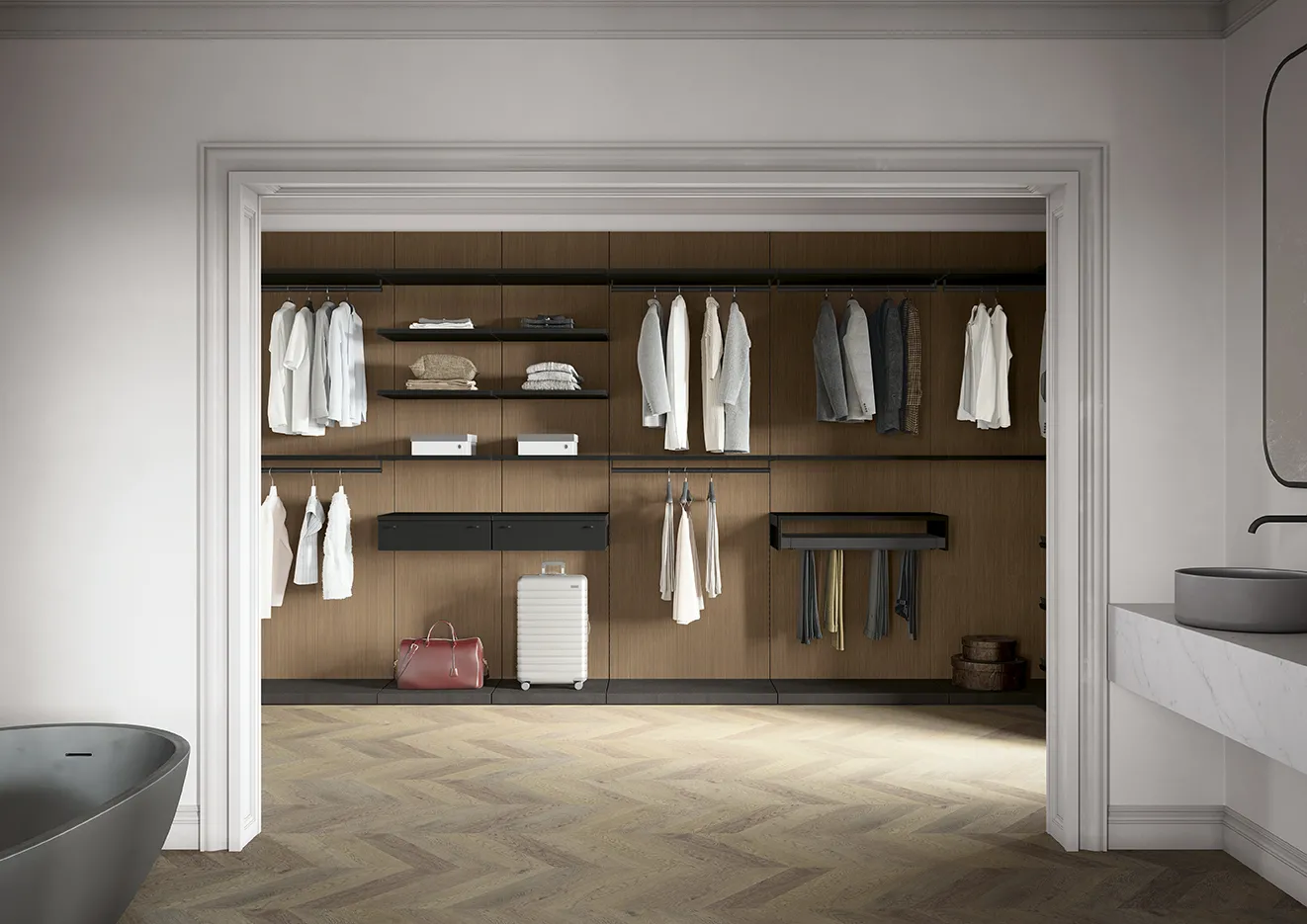 Guardaroba a giorno Golf Utility Space Colombini con schienali effetto legno tra camera e bagno
