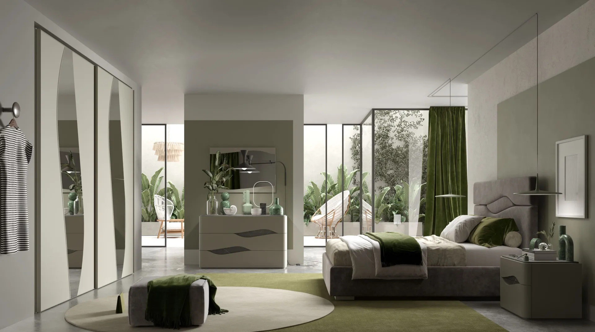 Camera da letto Leaf Mobilificio AG in finitura corda con armadio scorrevole a specchio e letto imbottito